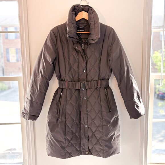 Express Charcoal Black Belted Hourglass Silhouette Down Quilted Puffer Coat - Picture 1 of 7